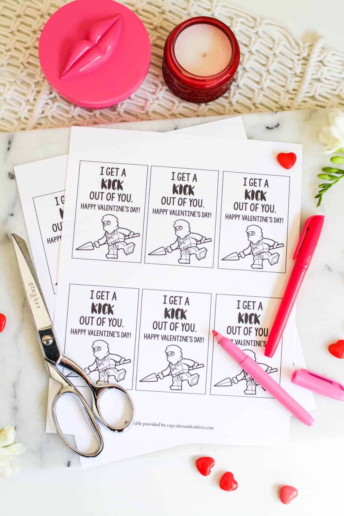 Sheet of printed Valentine's cards with a Lego Ninjago character on them.