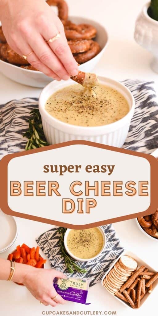 A hand dipping a pretzel in cheese dip with a party table showing dip and pretzels with text in the middle.