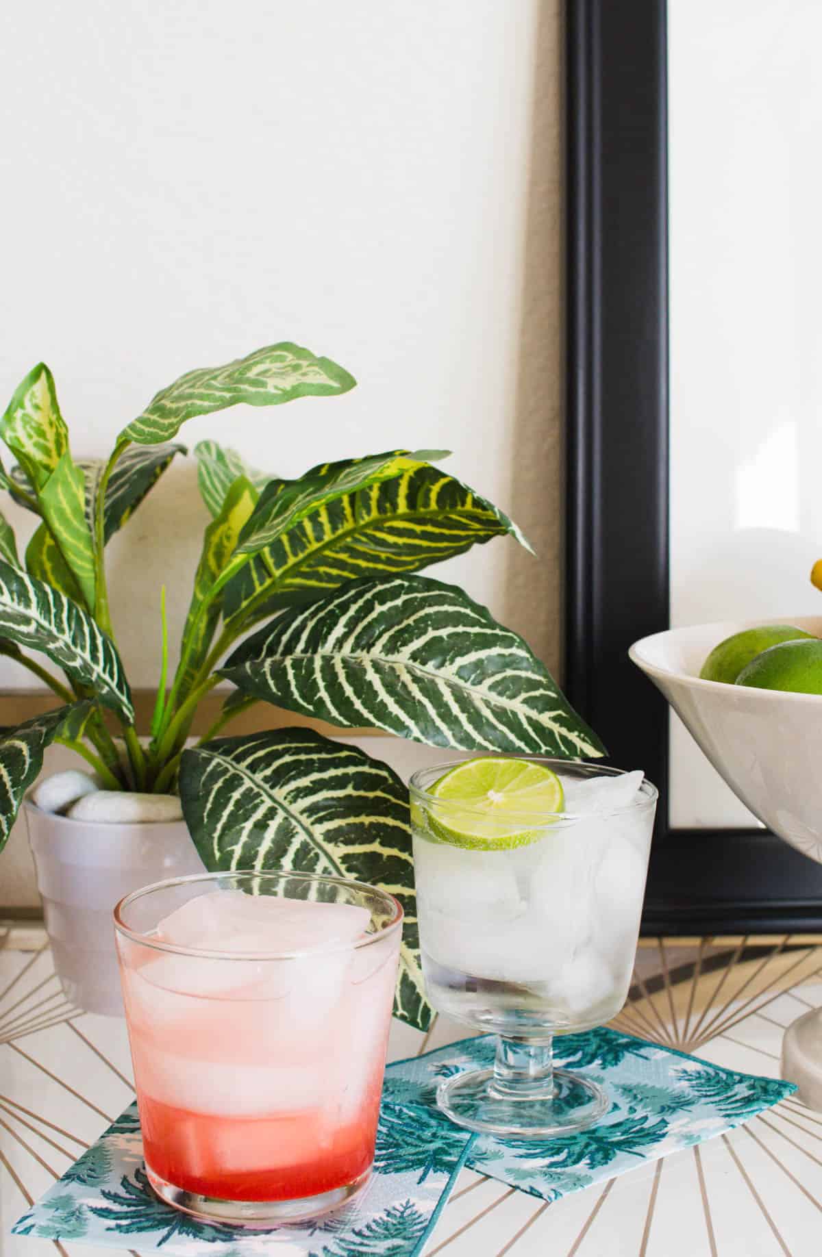 2 cocktails on a bar cart with a plant behind them. 