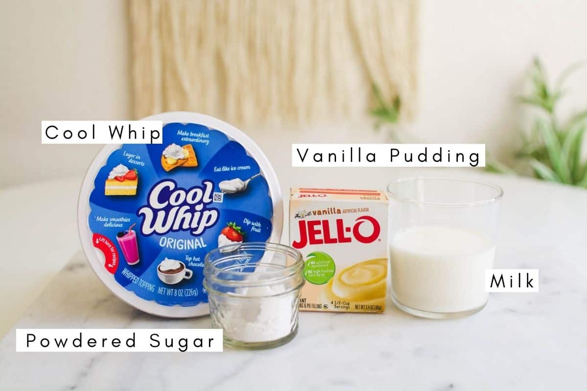 Labeled ingredients to make Cool Whip Frosting.