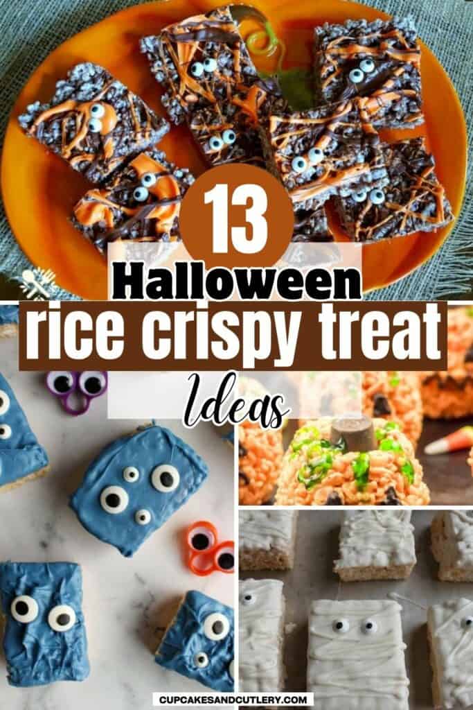 13 Halloween Rice Crispy Treat Ideas with a collage of decorated rice krispie treats that are themed for Halloween.