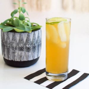 Close up of a rum and ginger beer cocktail in a tall glass.