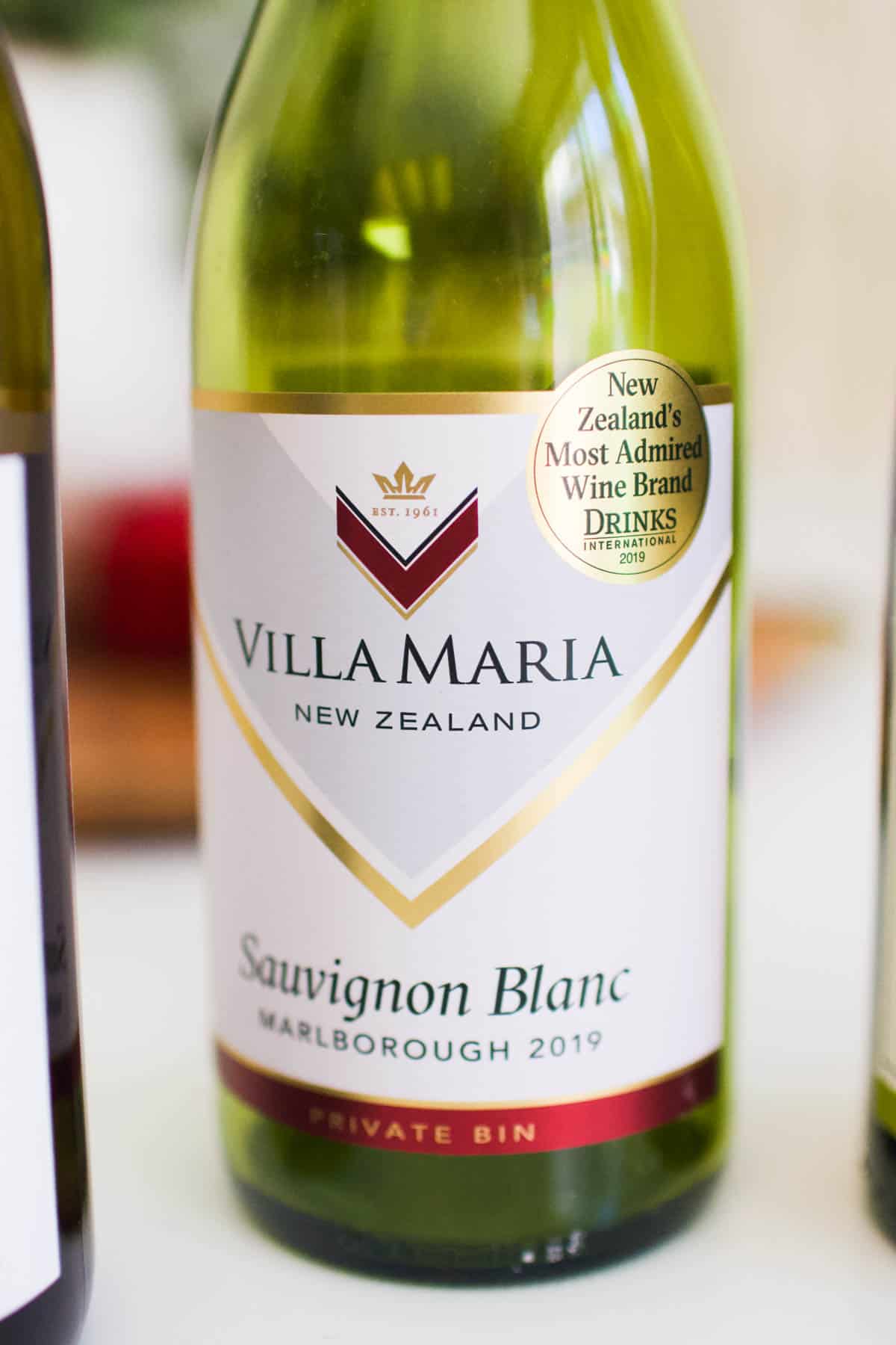 Close up of a bottle of Villa Maria Sauvignon Blanc.