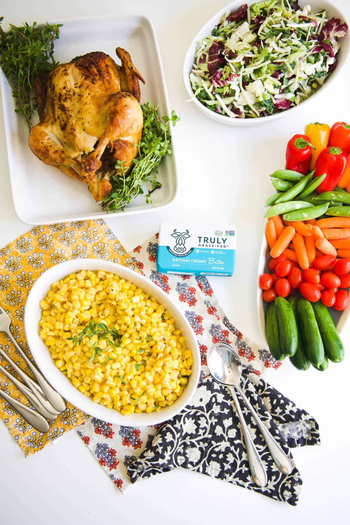 An easy weeknight dinner idea with roast chicken and a corn side dish.