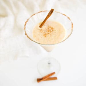 Close up of a martini glass holding a pumpkin spice martini.