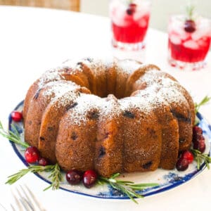 Close up of a Cranberry Christmas Cake topped with powdered sugar.