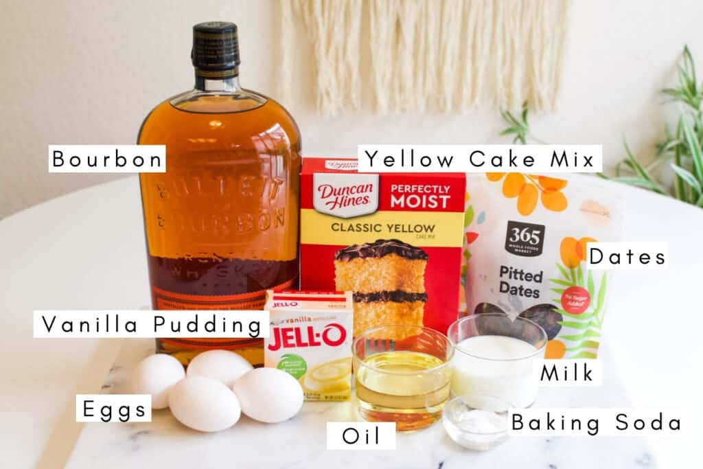 Labeled ingredients for a bourbon bundt cake.