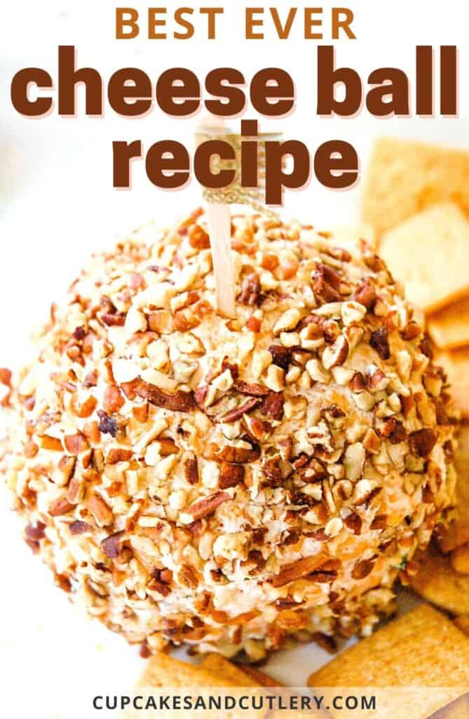 Close up of a cheese ball rolled in pecans.