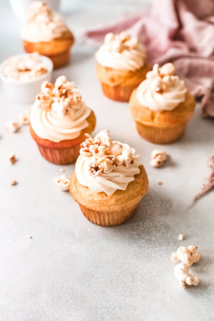 Overhead shot of Caramel Popcorn Cupcakes.