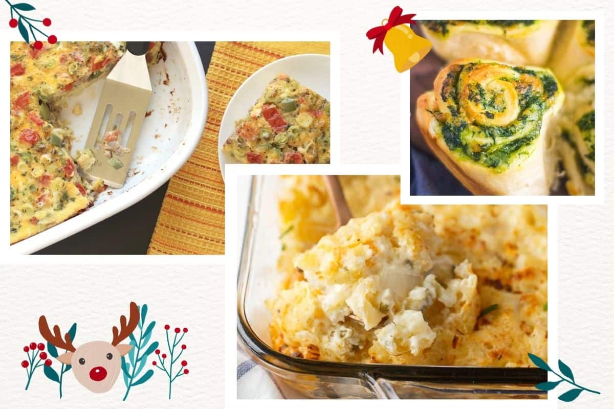 Collage of savory dishes to serve for Christmas brunch.