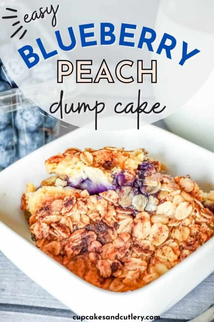 Close up of a white bowl of peach and blueberry dump cake.