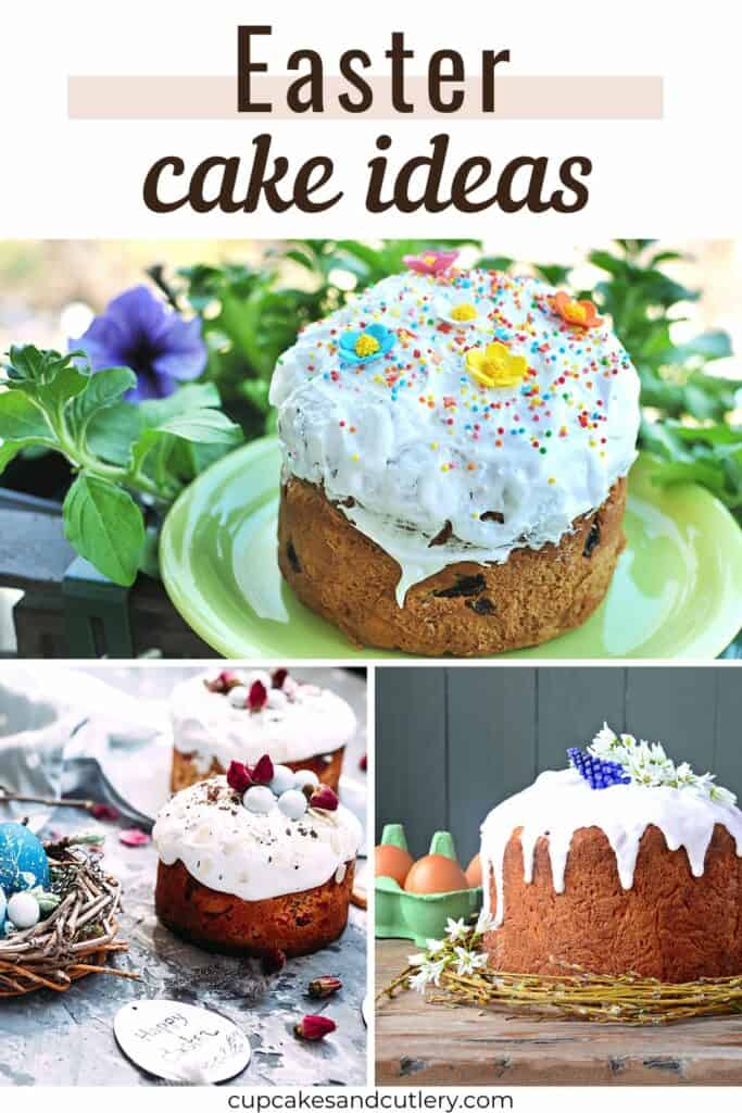 Text - Easter Cake Ideas with 3 images of Easter themed and decorated cakes.