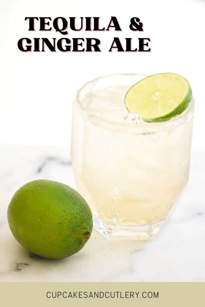 Close up of Tequila Ginger Ale with a lime wheel garnish next to a whole lime.