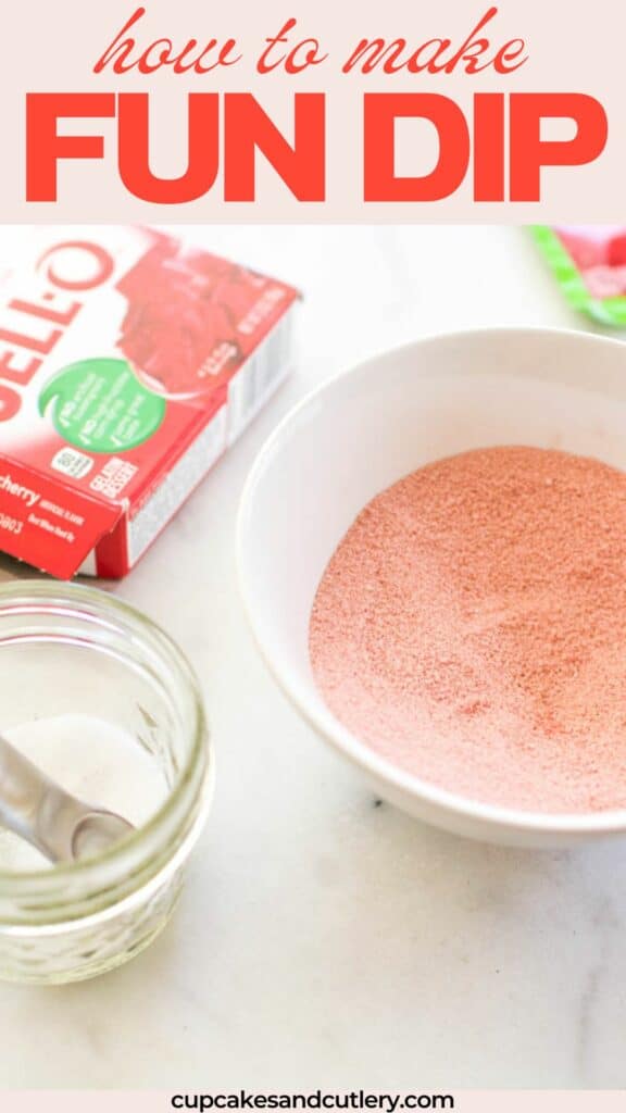Text: How to Make Fun dip with a bowl of pink Jello powder next to a box of Jello.