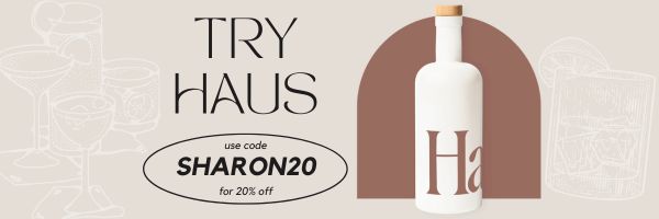 Text: Try Haus use code Sharon20 for 20% off, with a bottle of Haus next to the text.
