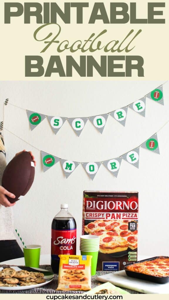 Text: Printable Football Banner with a party table with food with a wall banner hanging above it.