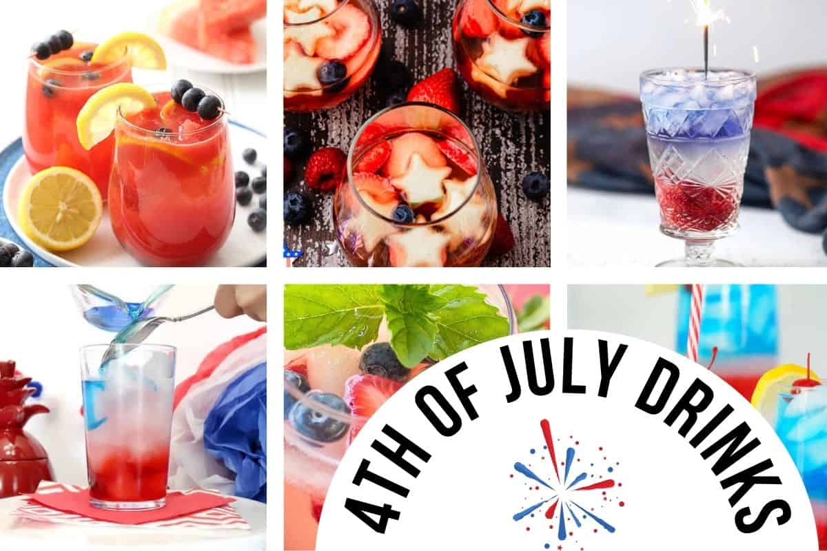 A collage of 6 images of red white and blue cocktails with text that reads 4th of July drinks.