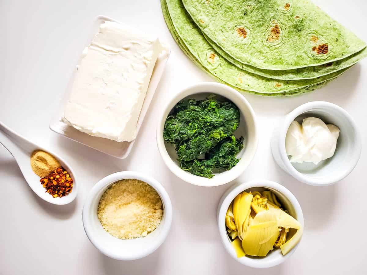 Ingredients for spinach and artichoke pinwheels.