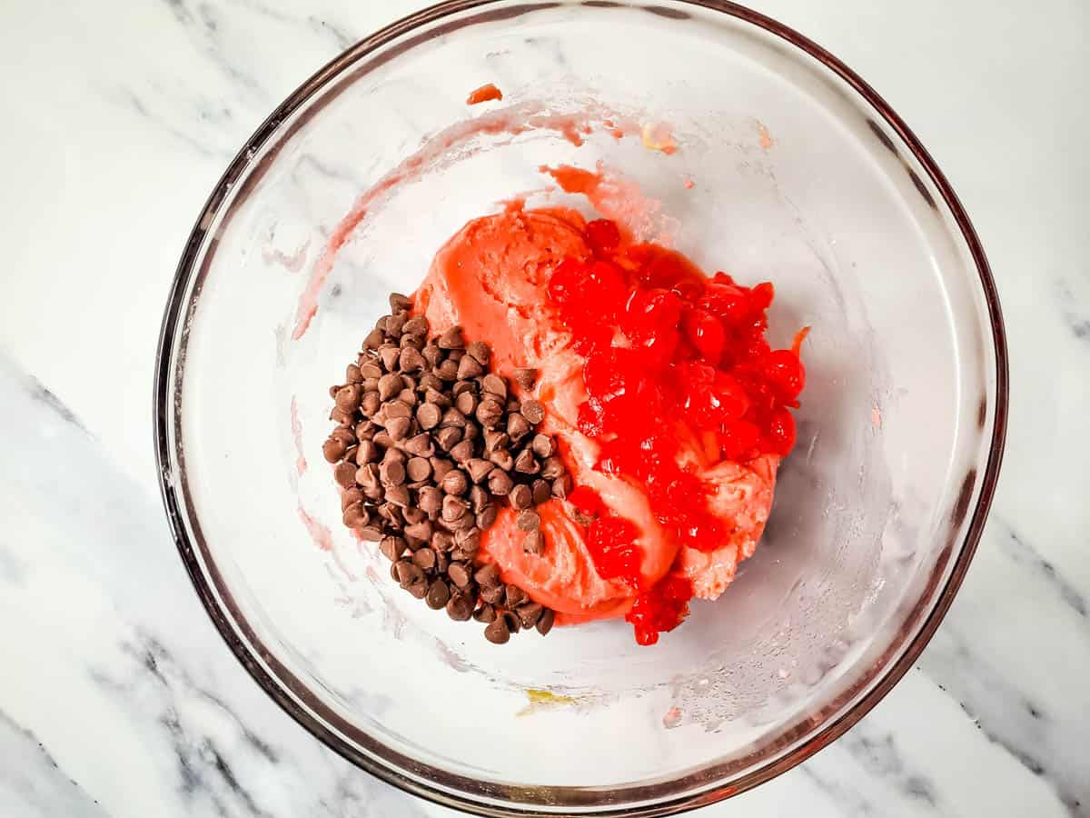 Ingredients in making cherry chip cake mix cookies.