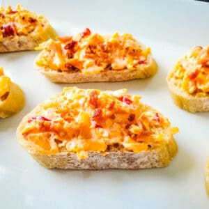 Tasty pimiento cheese crostini close up image.