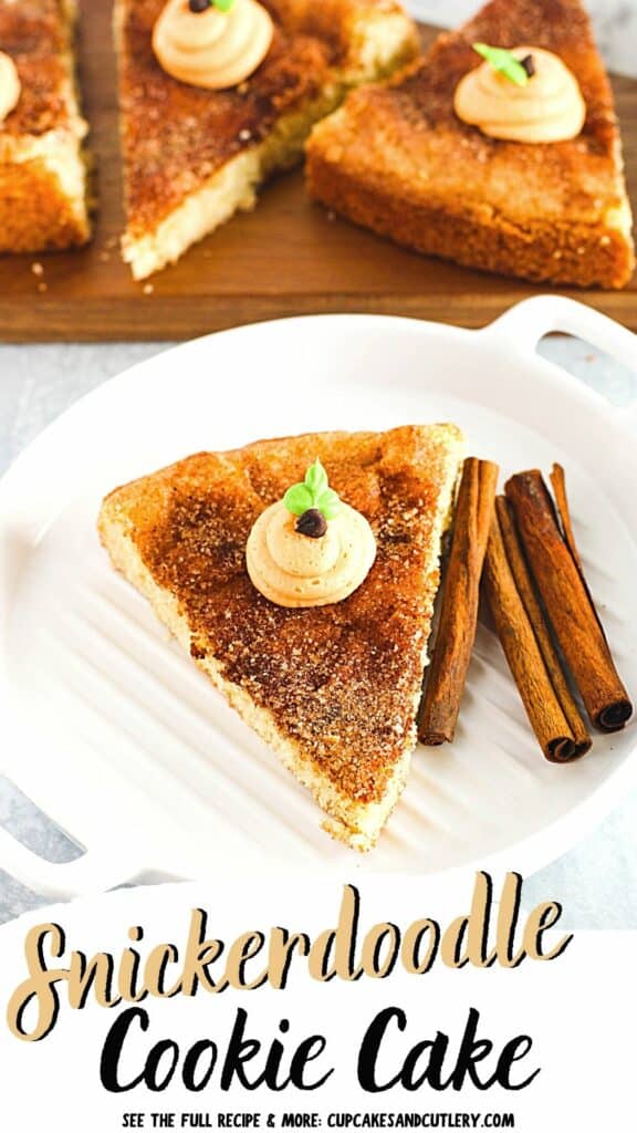 Text: Snickerdoodle Cookie Cake with a slice of cookie on a white plate topped with a pumpkin decoration made from frosting.