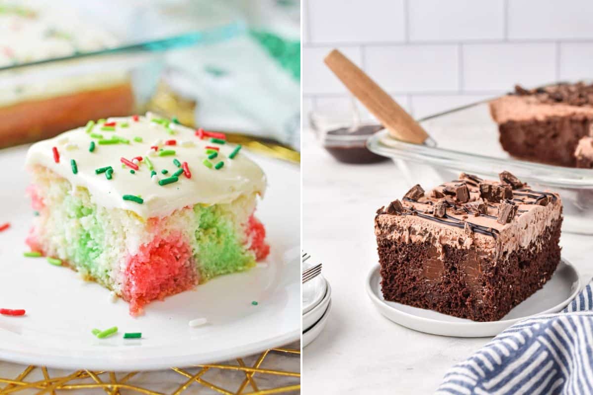 A chocolate poke cake on a dessert plate next to a red and green poke cake on a plate.