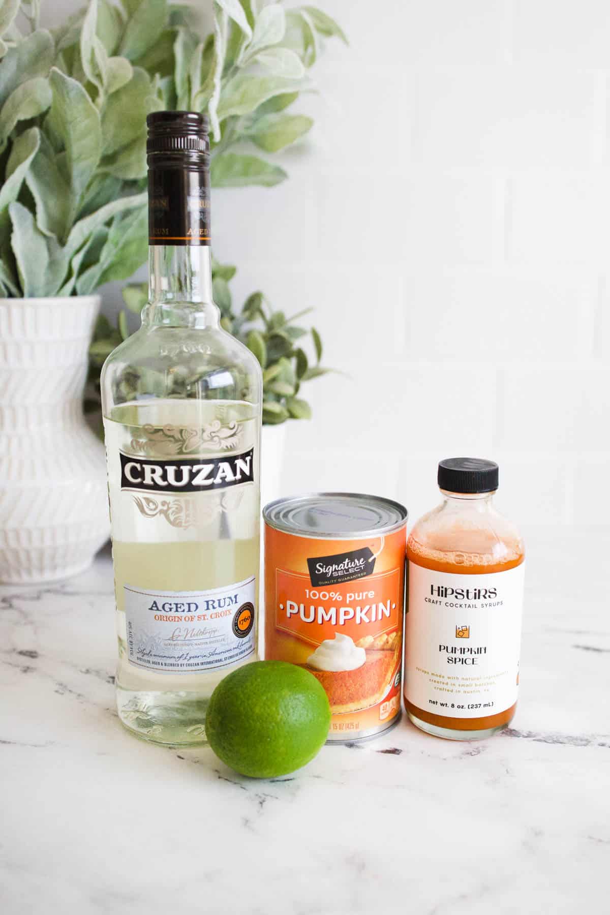 Ingredients to make a pumpkin spice daiquiri on a table.